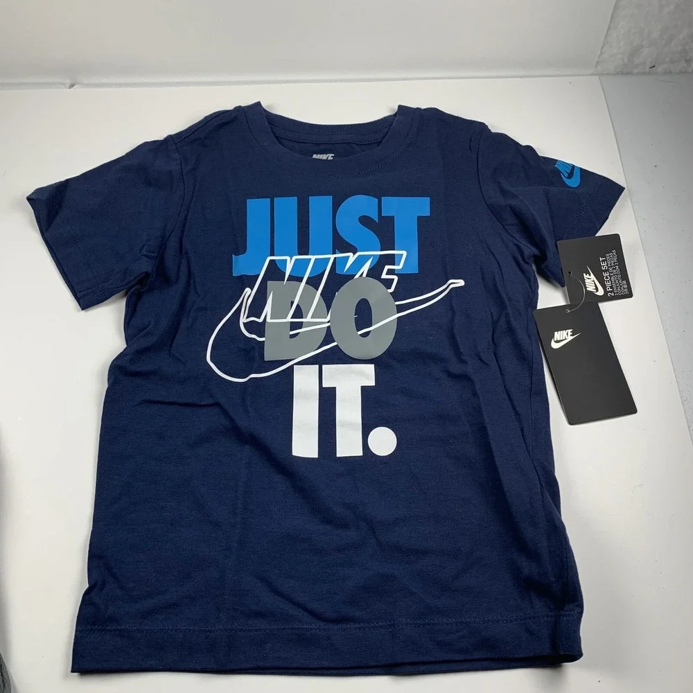 Nike Just Do It Boys 6 Gray Navy Blue Crew Neck Short‎ Sleeve Pullover 2-Pcs Set